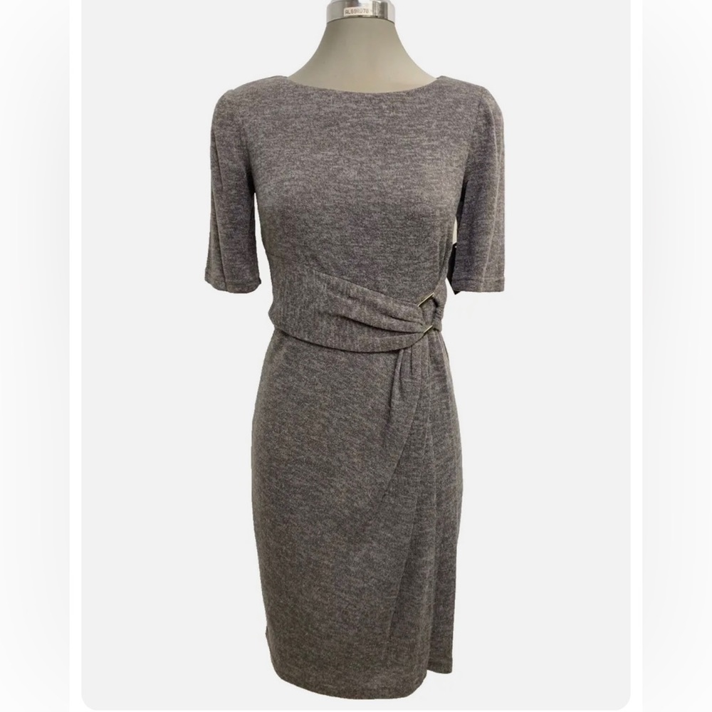 ELLEN TRACY NWT Career Gold Buckle Wrap Waist Taupe Elbow Sweater Knit Dress 14